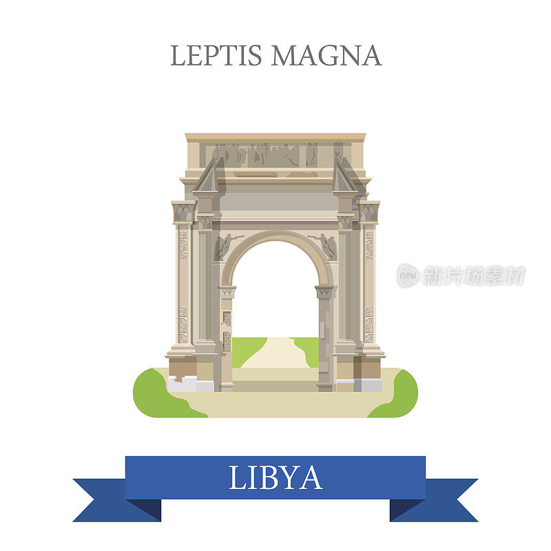 Leptis Magna位于利比亚的黎波里。平面卡通风格的历史景点展示景点网站矢量插图。世界各国城市度假旅游观光非洲收藏。